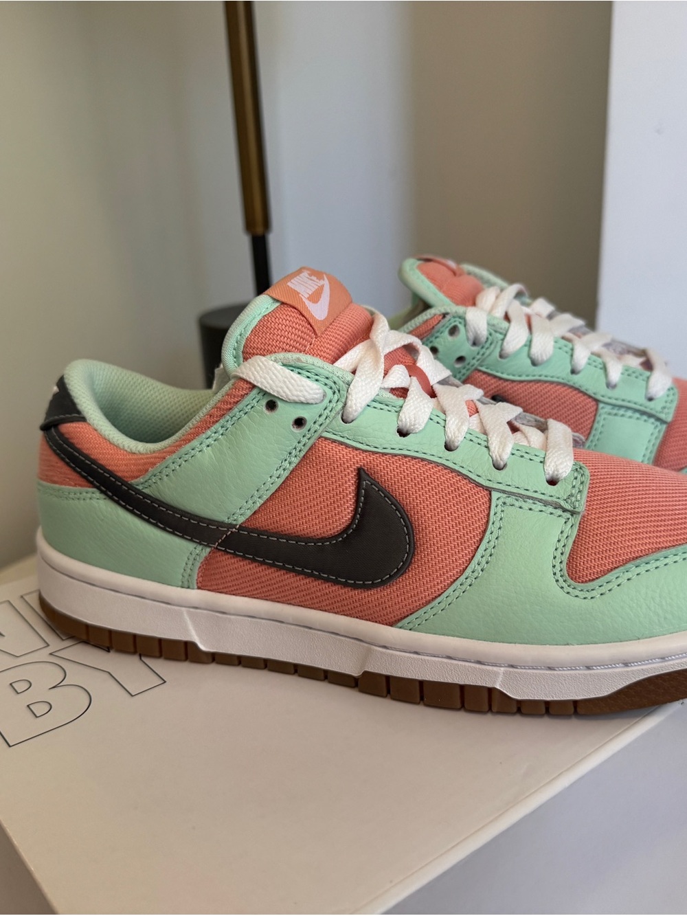 Mint Green and Coral Low-Top Sneakers with Black Swoosh